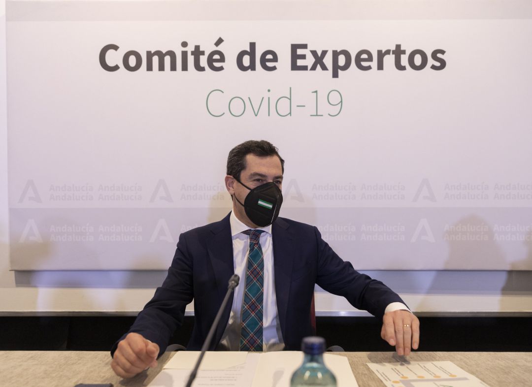 El presidente de la Junta, Juanma Moreno, durante la reunión del Consejo Asesor de Alertas de Salud Pública de Alto Impacto (Comité de Expertos Covid-19 El presidente de la Junta, Juanma Moreno, durante la reunión del Consejo Asesor de Alertas de Salud Pública de Alto Impacto (Comité de Expertos Covid-19