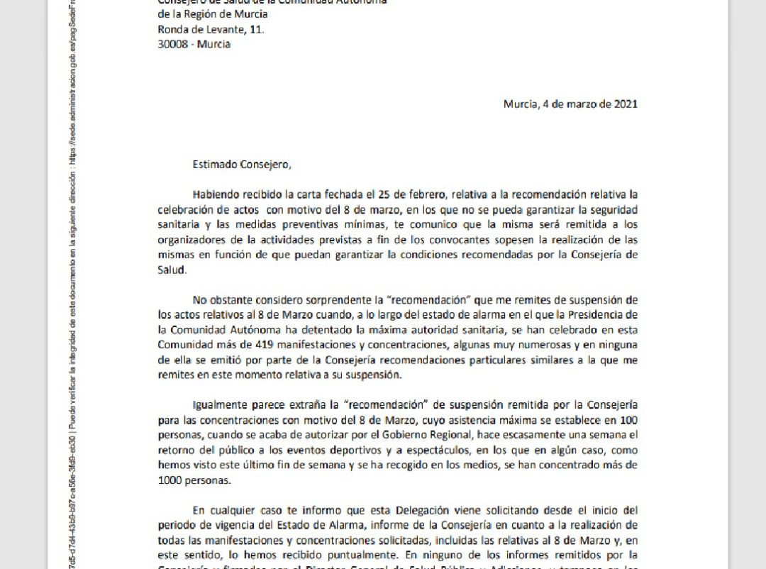 Carta enviada por el Delegado del Gobierno al consejero de Salud Carta enviada por el Delegado del Gobierno al consejero de Salud