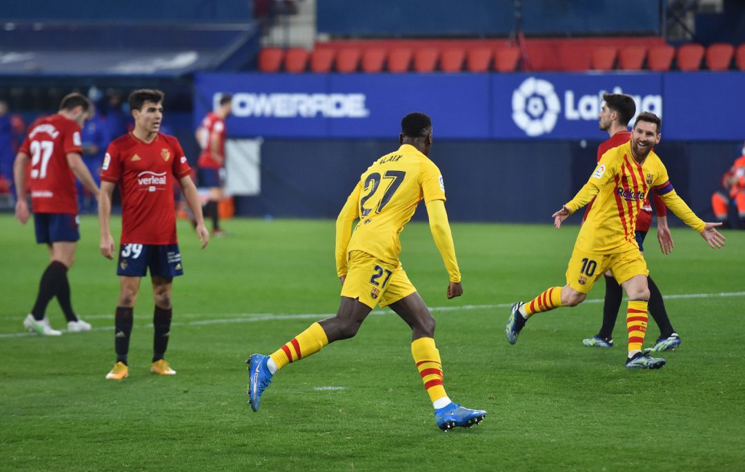 Ilaix Moriba celebra su gol junto a Messi. Ilaix Moriba celebra su gol junto a Messi.