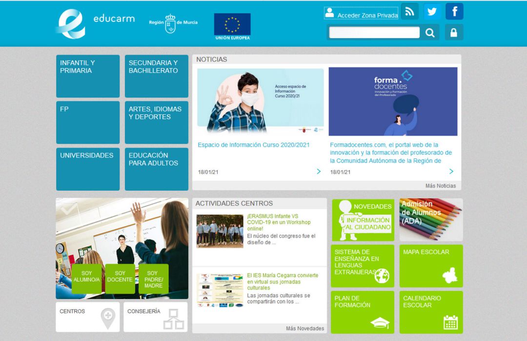 Educarm, portal de la consejería de Educación de la Región de Murcia. Captura de pantalla Educarm, portal de la consejería de Educación de la Región de Murcia. Captura de pantalla