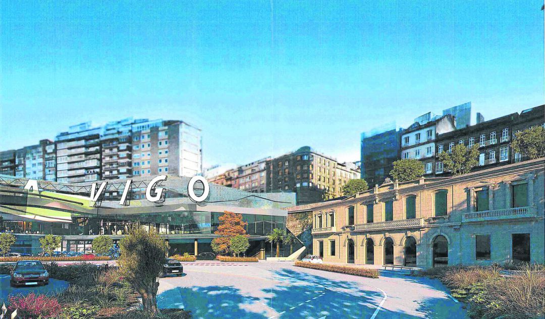 Infografía de la recuperación de la antigua fachada de la estación de tren de Vigo. Infografía de la recuperación de la antigua fachada de la estación de tren de Vigo.