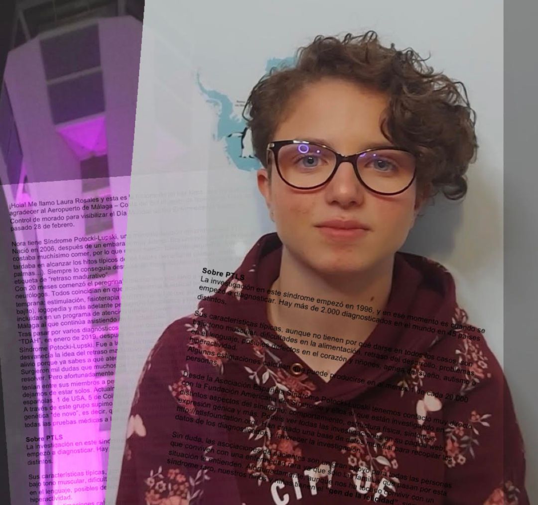 Nora, de 14 años, junto a la carta y la torre del Aeropuerto de Málaga iluminada de violeta Nora, de 14 años, junto a la carta y la torre del Aeropuerto de Málaga iluminada de violeta