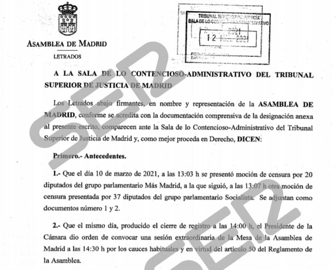 Imagen del recurso presentado por la Mesa contra el decreto de disolución. Imagen del recurso presentado por la Mesa contra el decreto de disolución.