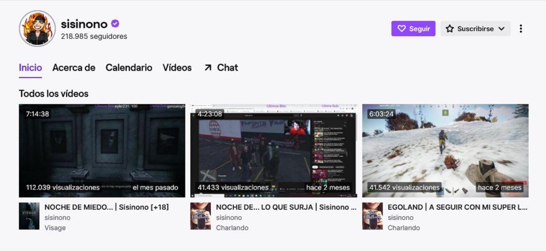 Vista del perfil de Twitch de la 'streamer' Sisinono Vista del perfil de Twitch de la 'streamer' Sisinono