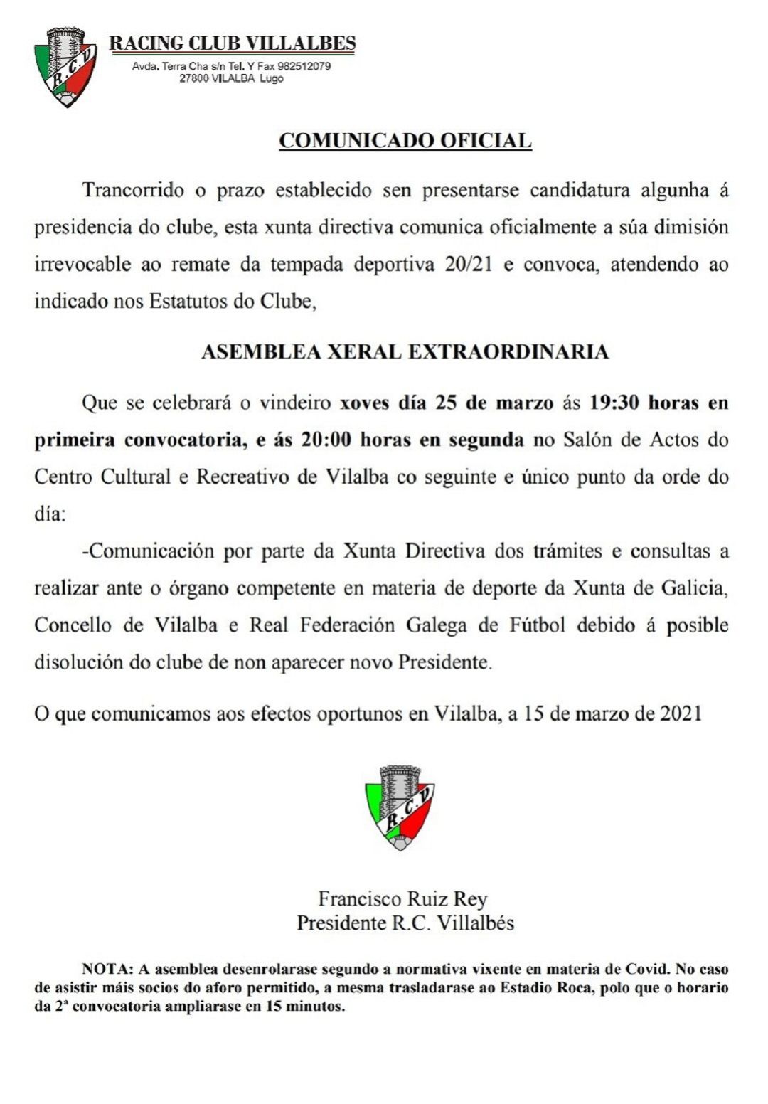 Comunicado oficial do Racing Vilalbés Comunicado oficial do Racing Vilalbés