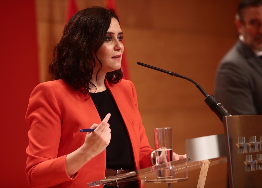 La presidenta de la Comunidad de Madrid, Isabel Díaz Ayuso, interviene en una rueda de prensa convocada tras la reunión del Plan Territorial de Protección Civil de la Comunidad de Madrid (PLATERCAM La presidenta de la Comunidad de Madrid, Isabel Díaz Ayuso, interviene en una rueda de prensa convocada tras la reunión del Plan Territorial de Protección Civil de la Comunidad de Madrid (PLATERCAM