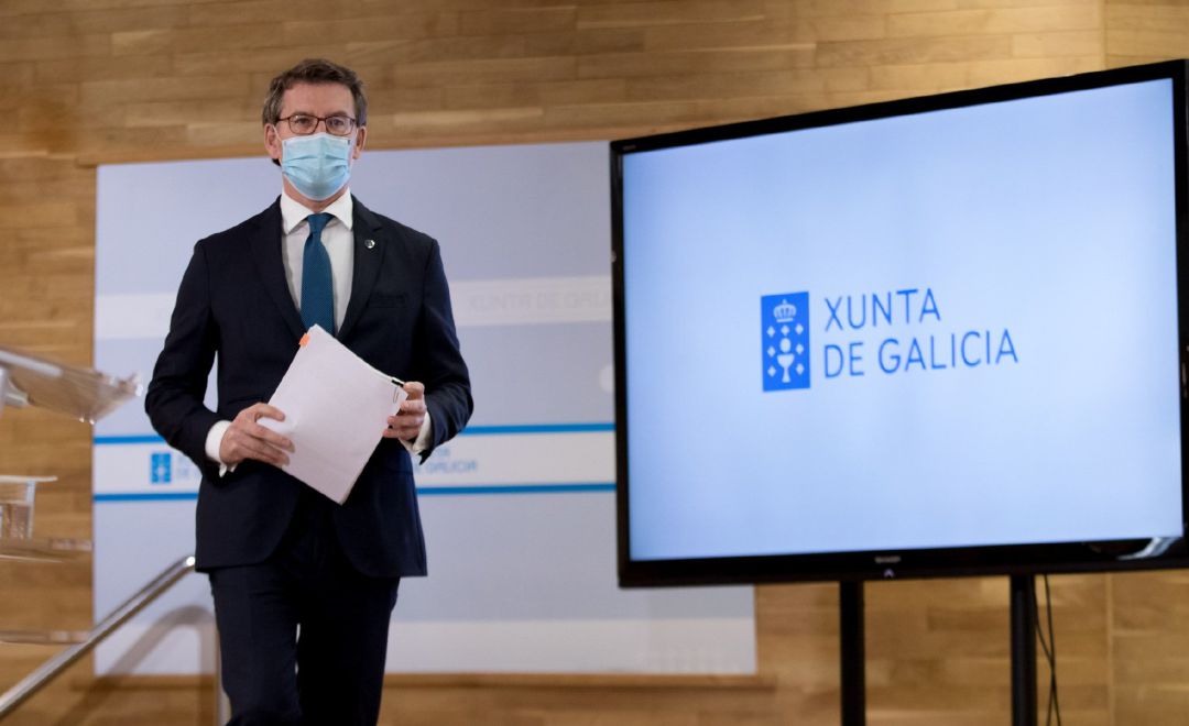 El presidente gallego, Alberto Núñez Feijóo, en la rueda de prensa posterior al Consello de la Xunta del 18 de marzo de 2021 El presidente gallego, Alberto Núñez Feijóo, en la rueda de prensa posterior al Consello de la Xunta del 18 de marzo de 2021