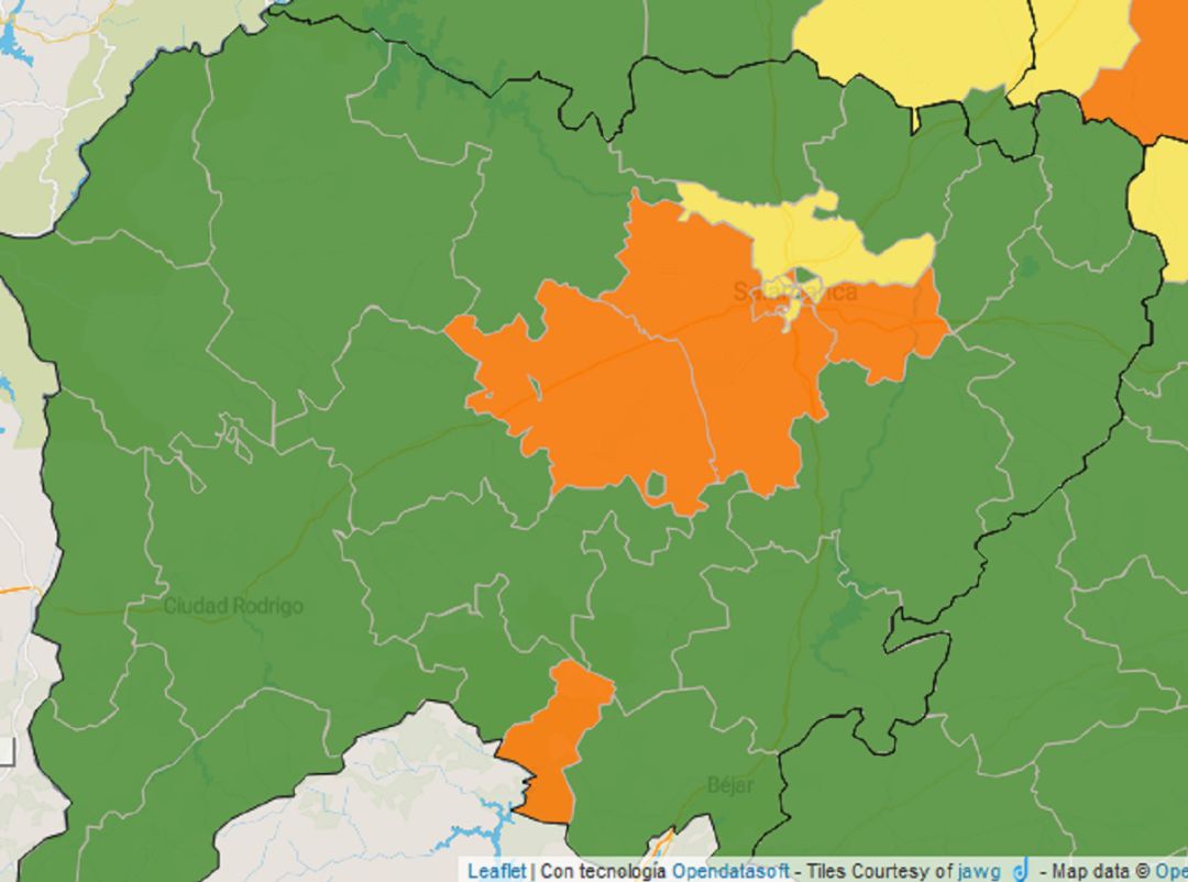 Mapa actual de la incidencia del covid en las zonas de salud de Salamanca, publicado en el Portal de Transparencia de la Junta de CyL Mapa actual de la incidencia del covid en las zonas de salud de Salamanca, publicado en el Portal de Transparencia de la Junta de CyL
