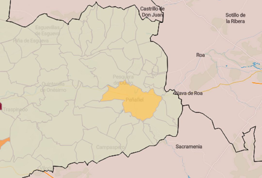 El mapa de la comarca del Campo de Peñafiel donde se advierte el riesgo bajo de Peñafiel, según el Servicio de Epidemiología de la Junta. El mapa de la comarca del Campo de Peñafiel donde se advierte el riesgo bajo de Peñafiel, según el Servicio de Epidemiología de la Junta.