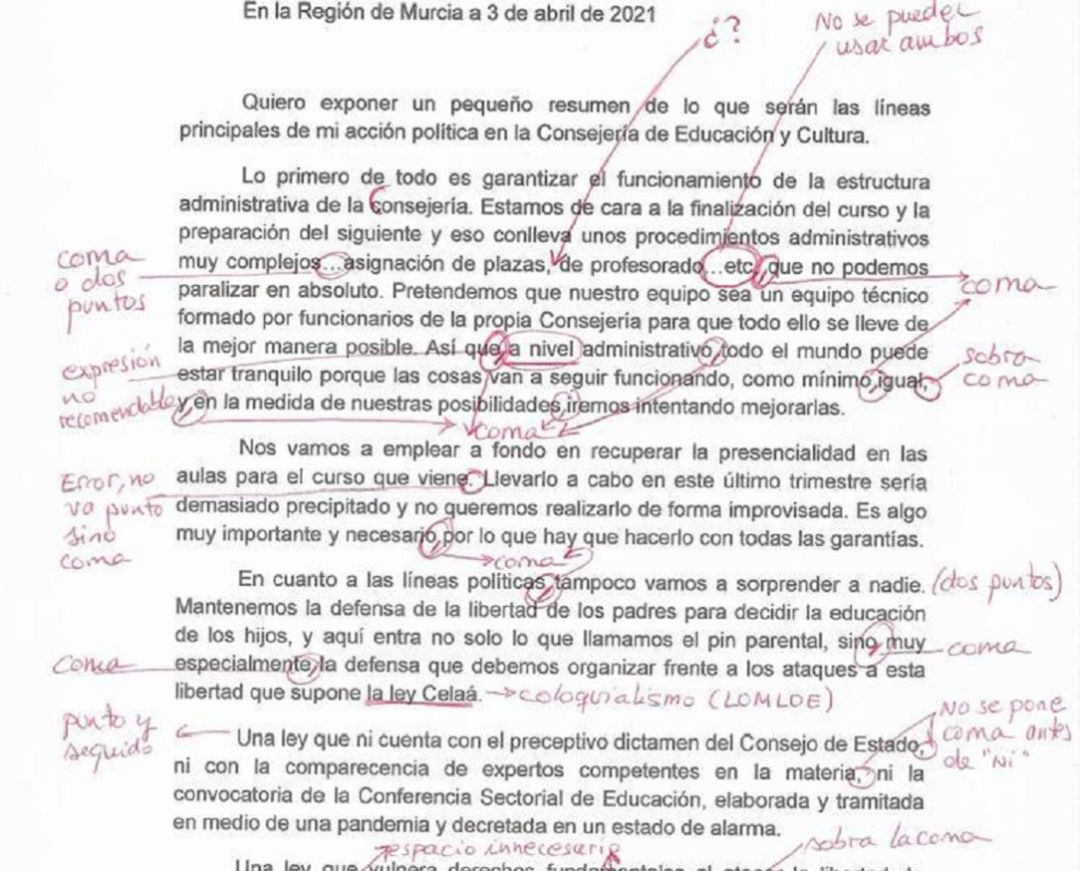 Corrección de la carta publicada por la consejera de educación, Mabel Campuzano Corrección de la carta publicada por la consejera de educación, Mabel Campuzano