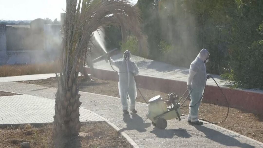 Tareas de fumigación en zonas verdes en La Puebla del Río Tareas de fumigación en zonas verdes en La Puebla del Río