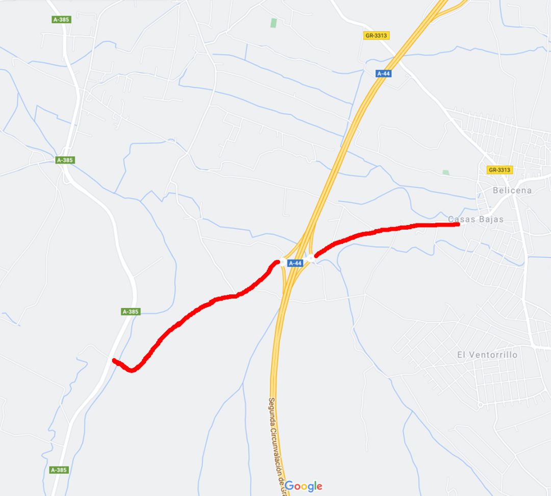 En rojo, los caminos que habrá que mejorar en el proyecto de nuevo enlace de Cúllar Vega-Vegas del Genil desde la Variante Exterior de Granada de la Autovía A-44 En rojo, los caminos que habrá que mejorar en el proyecto de nuevo enlace de Cúllar Vega-Vegas del Genil desde la Variante Exterior de Granada de la Autovía A-44
