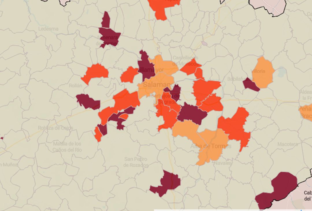 Mapa, por municipios, de la incidencia acumulada del covid en Salamanca Mapa, por municipios, de la incidencia acumulada del covid en Salamanca