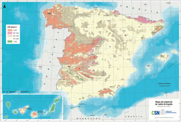 Mapa del potencial de radón en España. Mapa del potencial de radón en España.