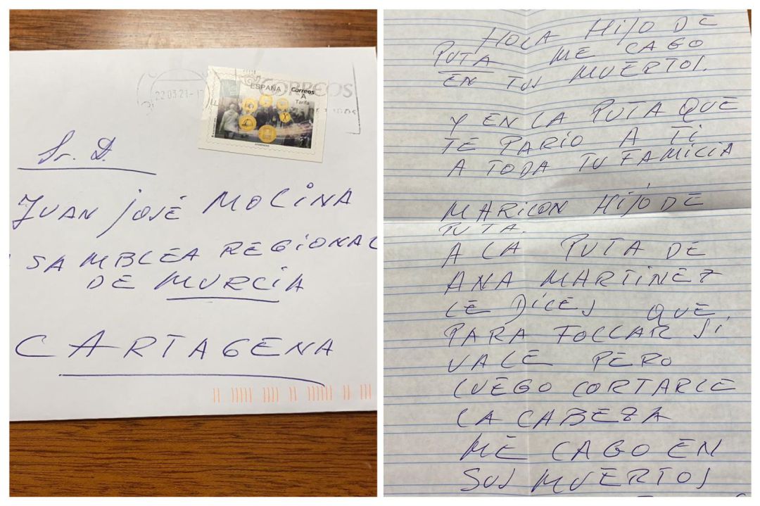 Esta es la carta amenazante que ha recibido el exportavoz de Ciudadanos en la Asamblea Regional de Murcia Esta es la carta amenazante que ha recibido el exportavoz de Ciudadanos en la Asamblea Regional de Murcia