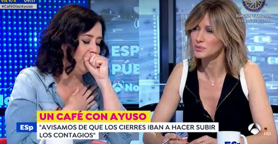 Isabel Díaz Ayuso en un ataque de tos en Espejo Público. Isabel Díaz Ayuso en un ataque de tos en Espejo Público.