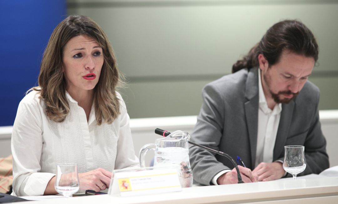 La ministra de Trabajo y vicepresidenta tercera, Yolanda Díaz, junto al candidato de Podemos a las elecciones de la Comunidad de Madrid, Pablo Iglesias. La ministra de Trabajo y vicepresidenta tercera, Yolanda Díaz, junto al candidato de Podemos a las elecciones de la Comunidad de Madrid, Pablo Iglesias.