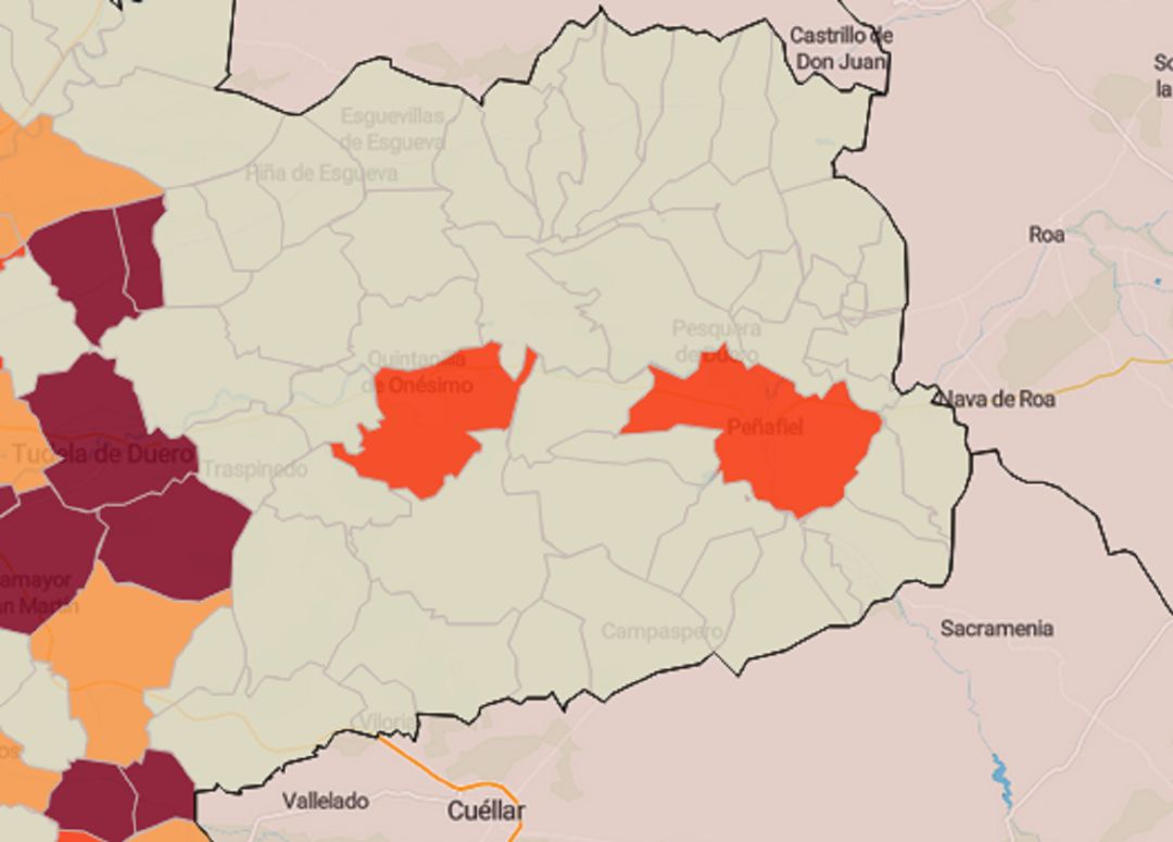 El mapa de la incidencia acumulada de casos diagnosticados en la comarca del Campo de Peñafiel refleja la presencia de riesgo alto en Quintanilla de Onésimo y Peñafiel. El mapa de la incidencia acumulada de casos diagnosticados en la comarca del Campo de Peñafiel refleja la presencia de riesgo alto en Quintanilla de Onésimo y Peñafiel.