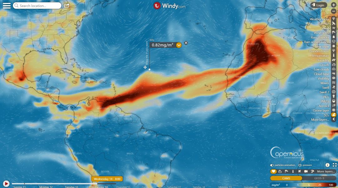 Imagen de satélite del avance de la nube de ceniza del volcán caribeño. Imagen de satélite del avance de la nube de ceniza del volcán caribeño.