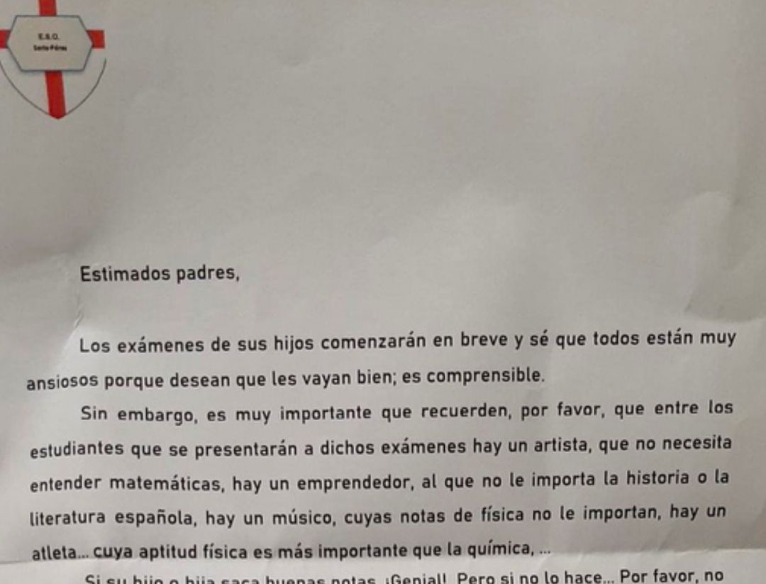 La carta de un director de instituto que se ha hecho viral por restar importancia a los exámenes. La carta de un director de instituto que se ha hecho viral por restar importancia a los exámenes.