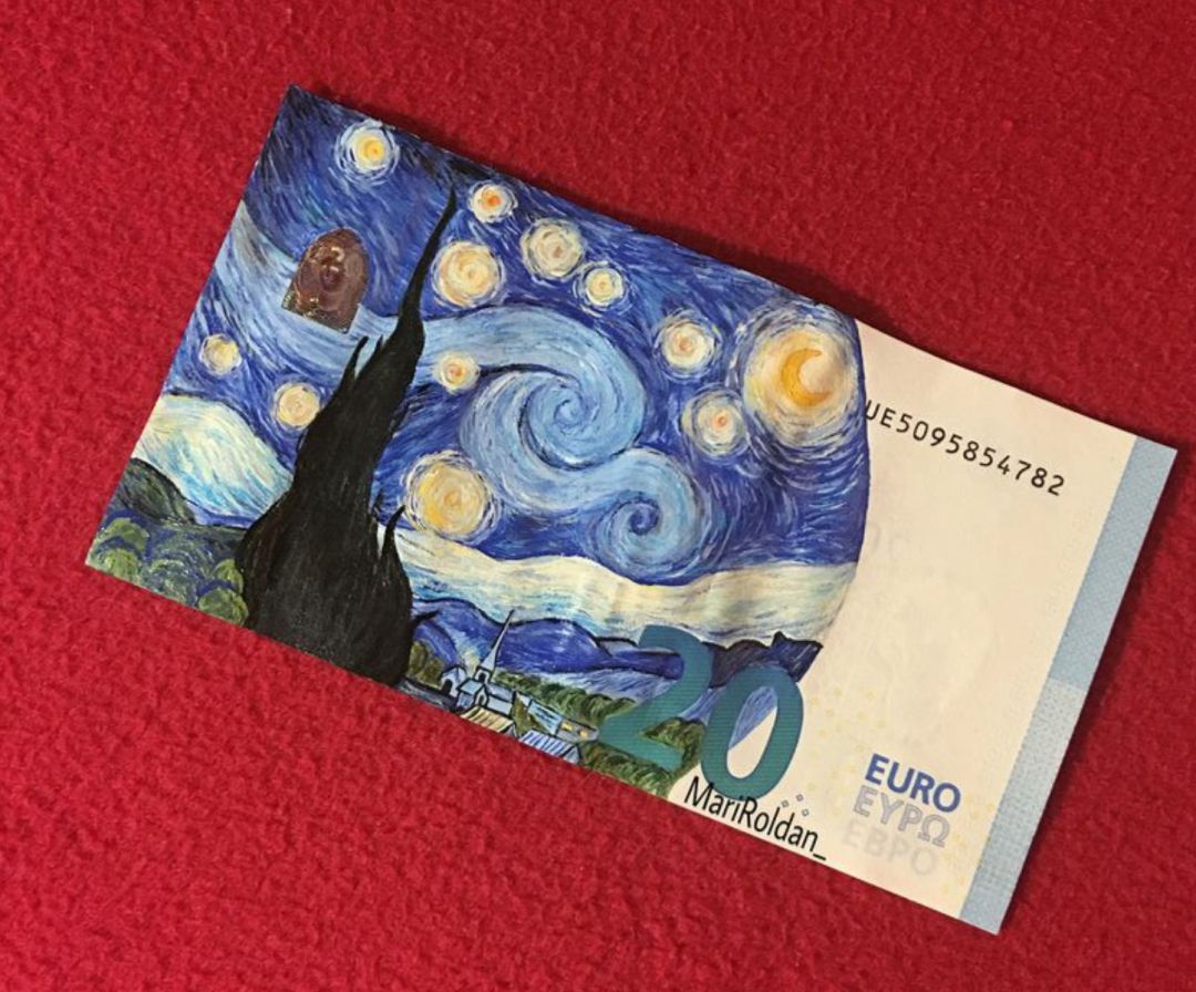 'La noche estrellada' de Van Gogh dibujada sobre un billete de 20 euros. 'La noche estrellada' de Van Gogh dibujada sobre un billete de 20 euros.