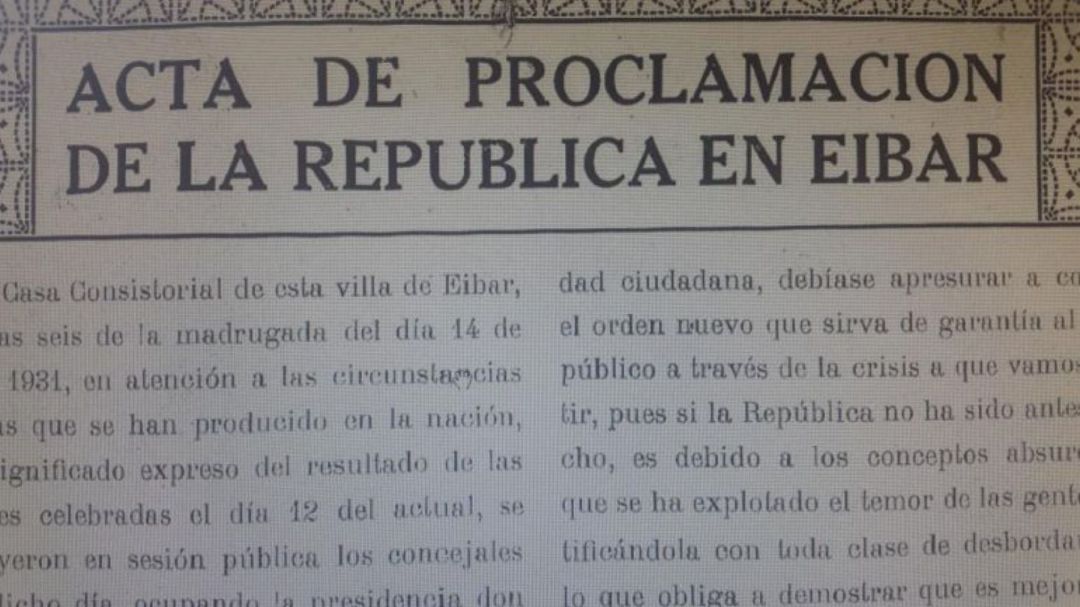 Detalle del acta de proclamación de la República en Eibar, aprobada en la corporación municipal hace 90 años Detalle del acta de proclamación de la República en Eibar, aprobada en la corporación municipal hace 90 años