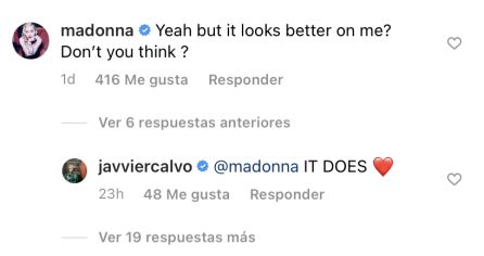 Captura de pantalla del comentario de Madonna en la publicación de Javi Ambrossi en Instagram. Captura de pantalla del comentario de Madonna en la publicación de Javi Ambrossi en Instagram.