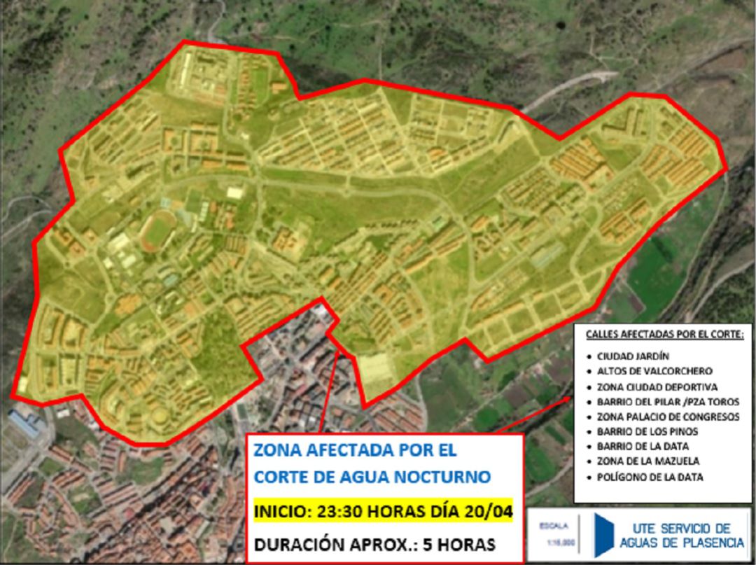 Plano de zona afectada por el corte de agua en la zona norte de la ciudad de Plasencia Plano de zona afectada por el corte de agua en la zona norte de la ciudad de Plasencia