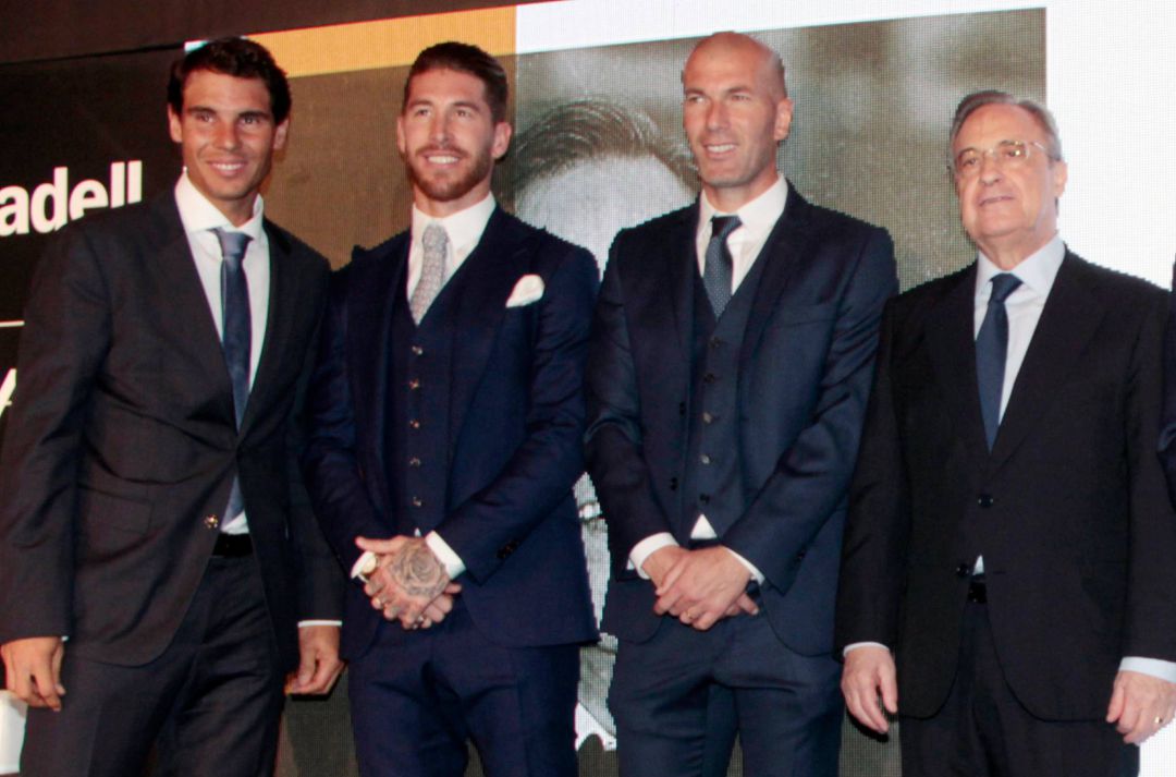 Rafa Nadal, junto a Ramos, Zidane y Florentino Pérez en un evento celebrado en 2017. Rafa Nadal, junto a Ramos, Zidane y Florentino Pérez en un evento celebrado en 2017.