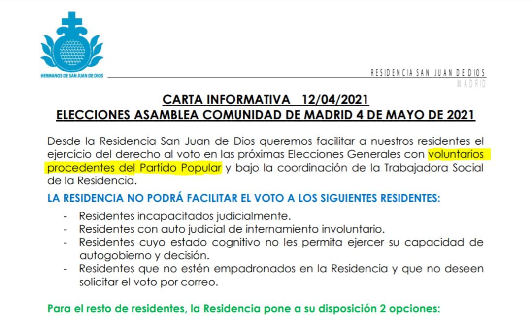 Carta del pasado 12 de abril, en la que se informaba de la disponibilidad de voluntarios del PP, y de la que esta residencia de Madrid se ha desdicho este martes. Carta del pasado 12 de abril, en la que se informaba de la disponibilidad de voluntarios del PP, y de la que esta residencia de Madrid se ha desdicho este martes.