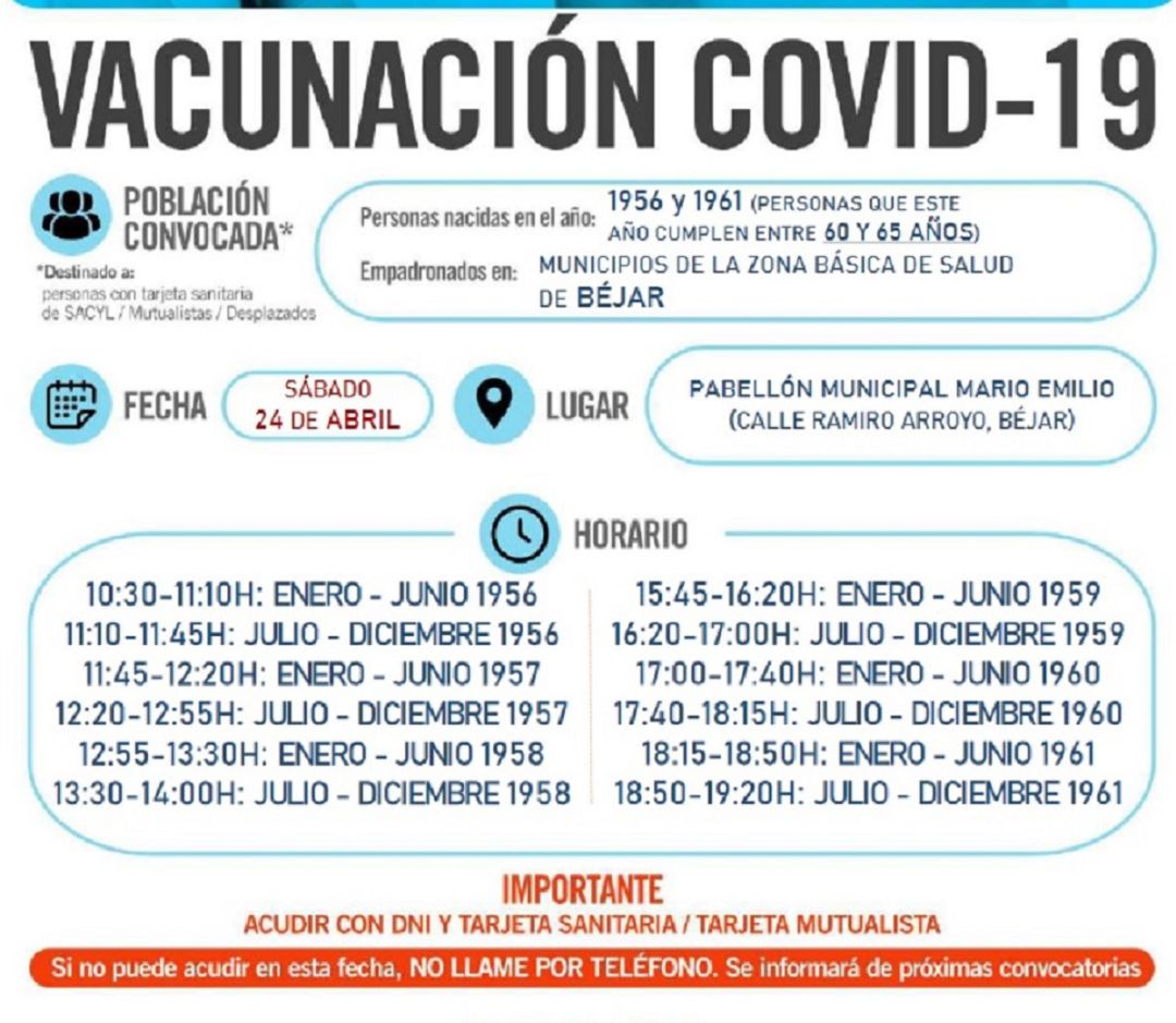 Información de la campaña de vacunación del sábado, en Béjar Información de la campaña de vacunación del sábado, en Béjar