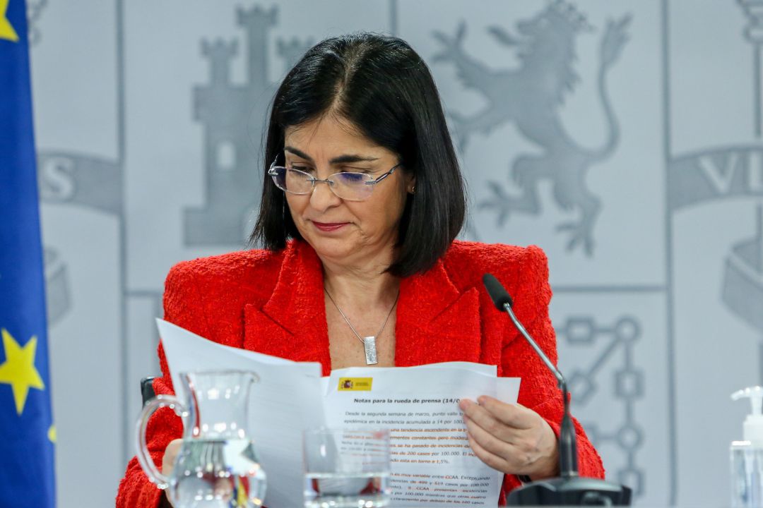 La ministra de Sanidad, Carolina Darias, durante una rueda de prensa tras la reunión del Consejo Interterritorial del Sistema Nacional de Salud, el pasado 14 de abril. La ministra de Sanidad, Carolina Darias, durante una rueda de prensa tras la reunión del Consejo Interterritorial del Sistema Nacional de Salud, el pasado 14 de abril.