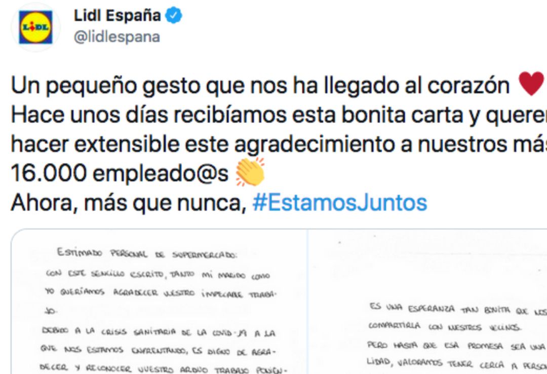 Lidl comparte una carta de agradecimiento con todos los supermercados. Lidl comparte una carta de agradecimiento con todos los supermercados.