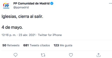 El mensaje que escribía en Twitter el PP de la Comunidad de Madrid sobre Pablo Iglesias, pero que ha terminado borrando. El mensaje que escribía en Twitter el PP de la Comunidad de Madrid sobre Pablo Iglesias, pero que ha terminado borrando.