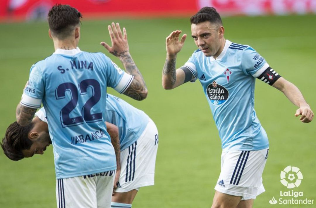 Iago Aspas celebra con Santi Mina su gol ante Osasuna. Iago Aspas celebra con Santi Mina su gol ante Osasuna.