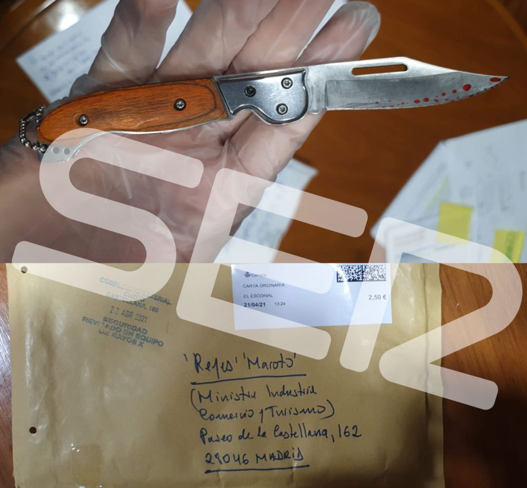 La carta recibida por la ministra Maroto incluía una navaja con mancas rojas. La carta recibida por la ministra Maroto incluía una navaja con mancas rojas.