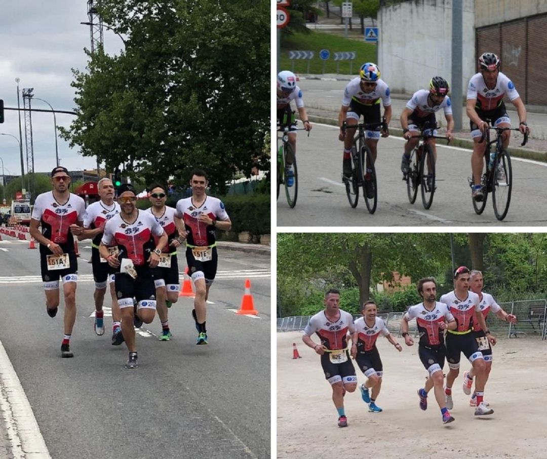 Los integrantes del equipo OPEN (i) durante su tramo de carrera y los ELITE sobre la bici -arriba dch.- y en carrera. Los integrantes del equipo OPEN (i) durante su tramo de carrera y los ELITE sobre la bici -arriba dch.- y en carrera.