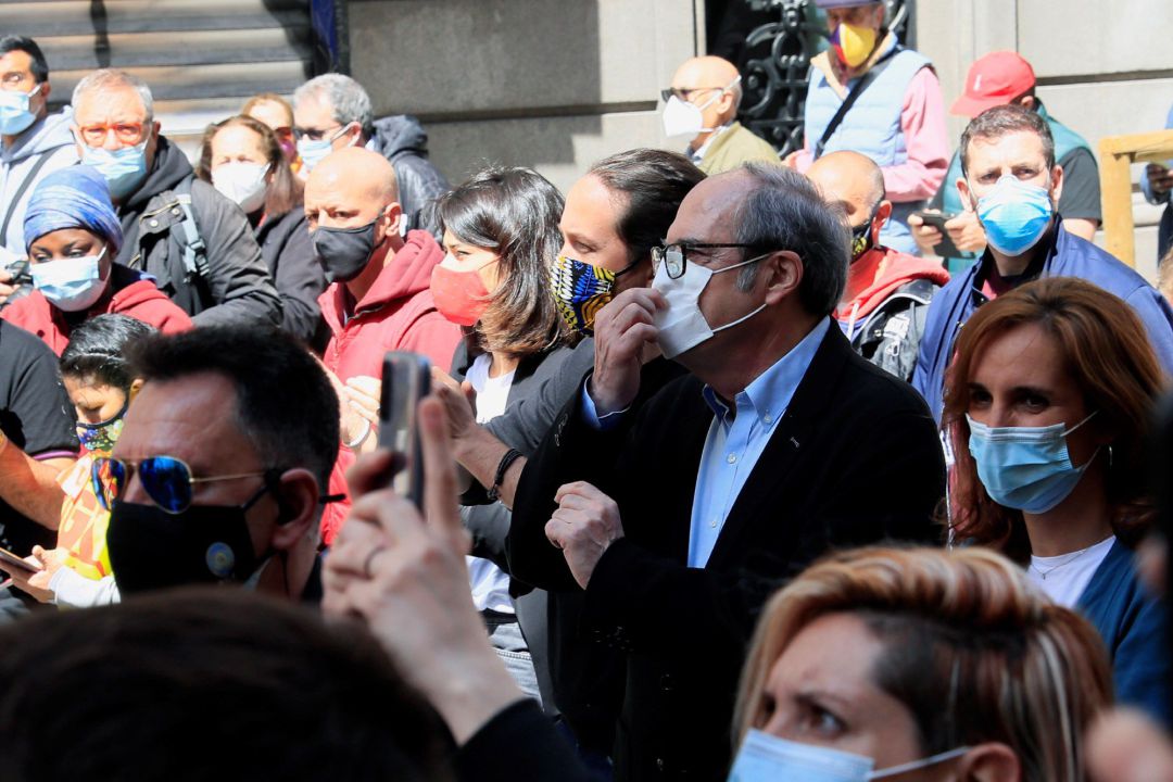 De izq. a der., el candidato a la Presidencia de Comunidad de Madrid de Unidas Podemos, Pablo Iglesias, del PSOE, Ángel Gabilondo, y de Más Madrid, Mónica García, durante la manifestación del Primero de Mayo De izq. a der., el candidato a la Presidencia de Comunidad de Madrid de Unidas Podemos, Pablo Iglesias, del PSOE, Ángel Gabilondo, y de Más Madrid, Mónica García, durante la manifestación del Primero de Mayo