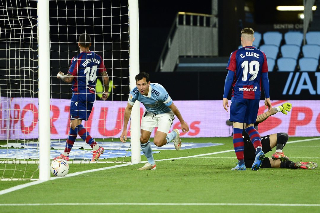 Augusto Solari of Celta Vigo celebrates after scoring his team's second goal during the La Liga Santander Augusto Solari of Celta Vigo celebrates after scoring his team's second goal during the La Liga Santander