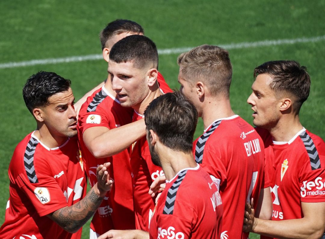 Parte de la plantilla del Real Murcia celebrando el gol de Toril Parte de la plantilla del Real Murcia celebrando el gol de Toril