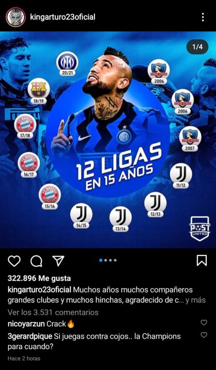 Gerard Piqué comenta la publicación de Arturo Vidal. Gerard Piqué comenta la publicación de Arturo Vidal.