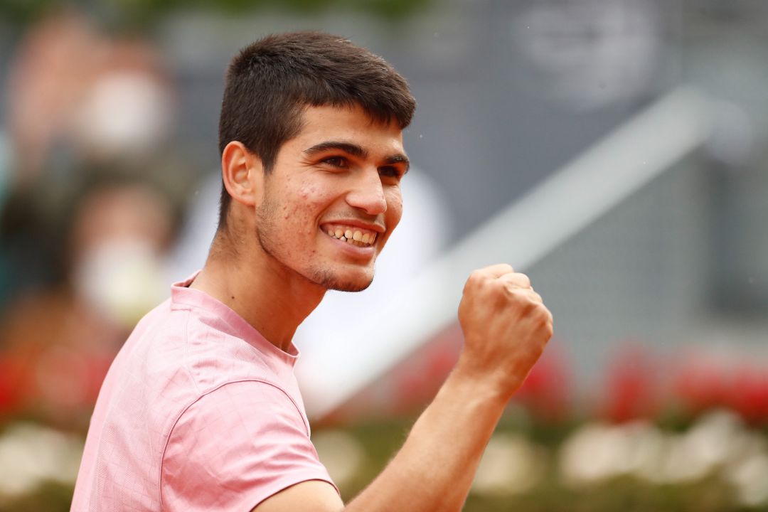 .Carlos Alcaraz of Spain in action during his Men's Singles match, round of 64, against Adrian Mannarino of France on the ATP Masters 1000 - Mutua Madrid Open 2021 at La Caja Magica on May 3, 2021 in Madrid, Spain.
AFP7
03/05/2021 ONLY FOR USE IN SPAIN .Carlos Alcaraz of Spain in action during his Men's Singles match, round of 64, against Adrian Mannarino of France on the ATP Masters 1000 - Mutua Madrid Open 2021 at La Caja Magica on May 3, 2021 in Madrid, Spain.
AFP7
03/05/2021 ONLY FOR USE IN SPAIN