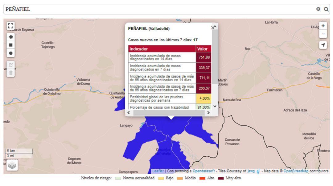 Mapa de la tasa de incidencia acumulada de casos diagnósticados de Covid-19 en Peñafiel en los últimos 14 días. Mapa de la tasa de incidencia acumulada de casos diagnósticados de Covid-19 en Peñafiel en los últimos 14 días.