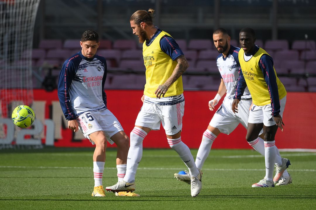 Fede Valverde, Sergio Ramos, Karim Benzema y Mendy, en un entrenamiento del Real Madrid. Fede Valverde, Sergio Ramos, Karim Benzema y Mendy, en un entrenamiento del Real Madrid.