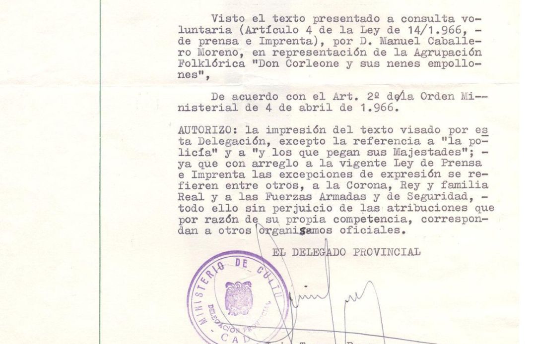 Fragmento del documento visado en el que aparecen las frases censuradas de la chirigota "Don Corleone y sus nenes empollones" Fragmento del documento visado en el que aparecen las frases censuradas de la chirigota "Don Corleone y sus nenes empollones"