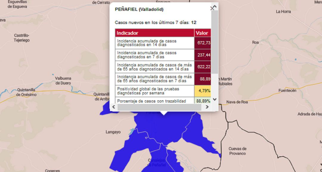 Mapa de la situación epidemiológica respecto a la tasa de incidencia acumulada de contagios en el municipio de Peñafiel este miércoles. Mapa de la situación epidemiológica respecto a la tasa de incidencia acumulada de contagios en el municipio de Peñafiel este miércoles.