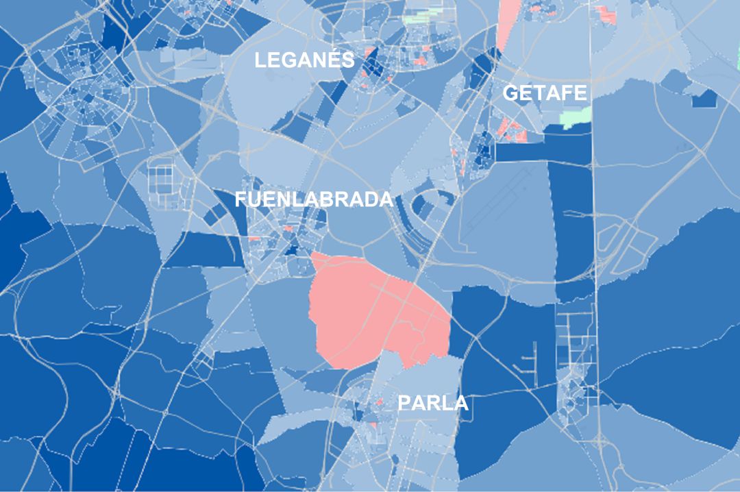 Mapa elaborado por el diario El País con el sur de Madrid teñido de azul y apenas unos puntos rojos y verdes en los grandes municipios. Mapa elaborado por el diario El País con el sur de Madrid teñido de azul y apenas unos puntos rojos y verdes en los grandes municipios.