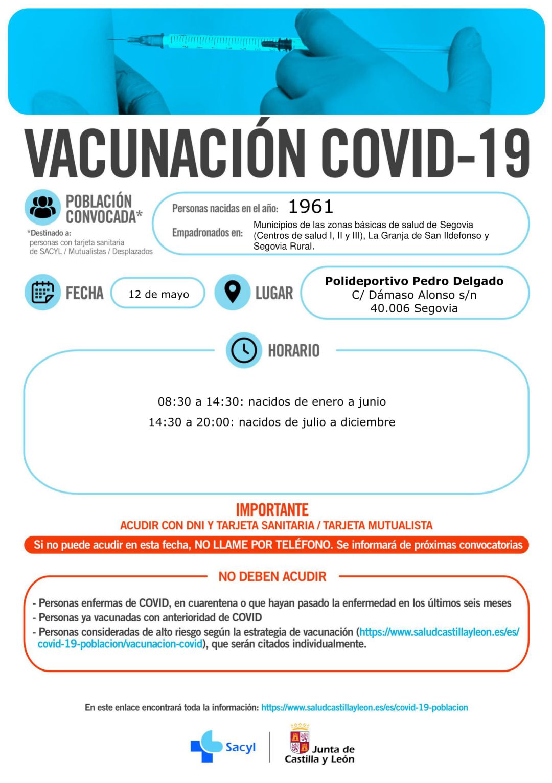 Vacunación para los nacidos en 1961 en Segovia capital, Segovia Rural y San Ildefonso Vacunación para los nacidos en 1961 en Segovia capital, Segovia Rural y San Ildefonso