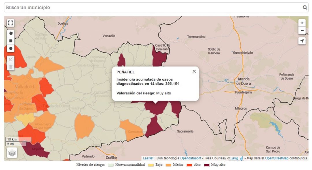 Mapa del Servicio de Epidemiología de la Junta en el que se refleja la actual situación de Peñafiel y comarca. Mapa del Servicio de Epidemiología de la Junta en el que se refleja la actual situación de Peñafiel y comarca.