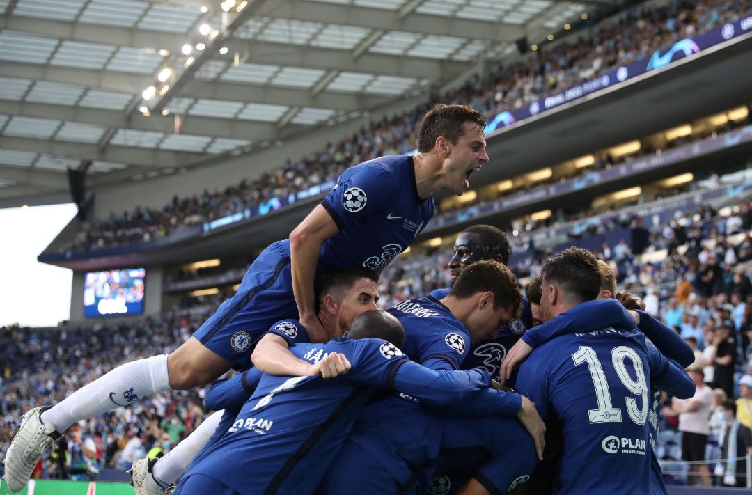 Los jugadores del Chelsea celebran el gol de Havertz. Los jugadores del Chelsea celebran el gol de Havertz.